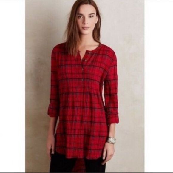 3/$25 ANTHROPOLOGIE HOLDING HORSES Red Plaid Tunic Top - Picture 2 of 11